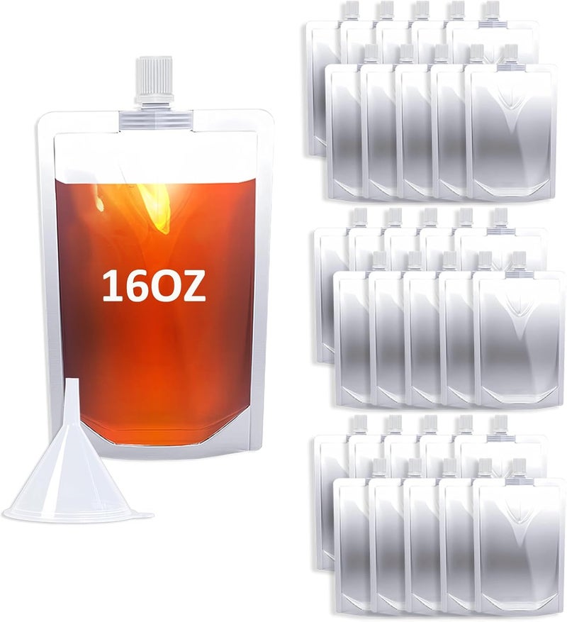 Cloudslucky 16OZ 30PCS Drink Pouches,Reusable Plastic Flask with Funnel for Drinking Juice,Stand Up Drink Bags for Travel Camping Outdoor Sport Concert Events,Leak-Proof Food Grade - Image 1